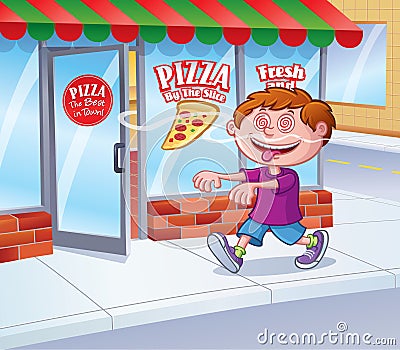 Kid In A Trance Following Smell of Pizza Cartoon Illustration