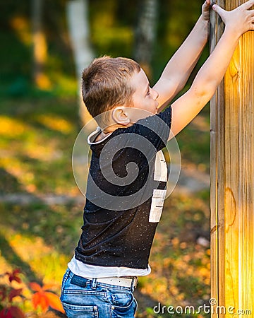 Kid Trying to Climg Wooden Pole in Park, Colorful Background Stock Photo