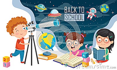 Kid Using Telescope For Astronomical Research Vector Illustration