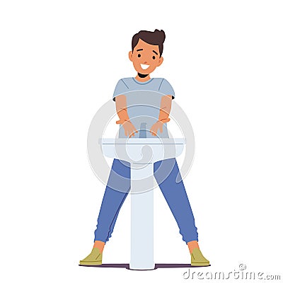 Kid Washing Hands, Happy Little Boy Character Hygiene, Morning Routine, Child Health Care. Preteen Kid Lathering Palms Vector Illustration