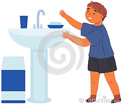 Kid washing hands. Small boy standing next to wash basin isolated on white background in restroom Vector Illustration