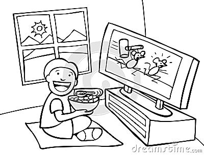 Kid watching TV - black and white Vector Illustration