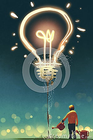 Kid watering a big light bulb on dark background Cartoon Illustration