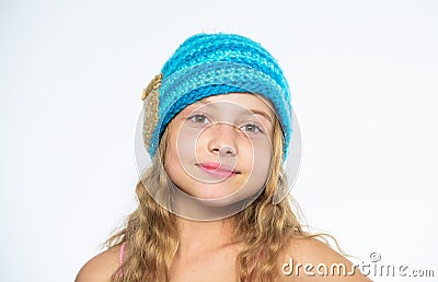 Kid wear warm soft knitted blue hat. Difference between knitting and crochet. Free knitting patterns. Fall winter season Stock Photo