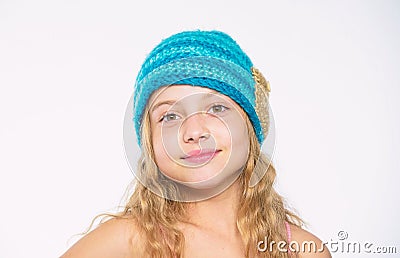 Kid wear warm soft knitted blue hat. Difference between knitting and crochet. Free knitting patterns. Fall winter season Stock Photo