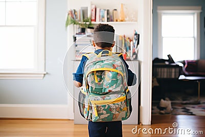 kid wearing a backpack browsing through backtoschool outfits Stock Photo