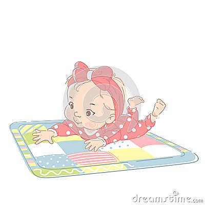 Cute little baby girl laying on stomach, on playing mat. Vector Illustration
