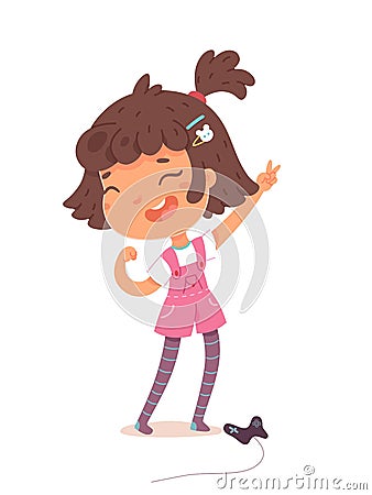 Kid winning at video game. Girl wins at videogames and celebrates standing, joystick on floor. Entertainment at home Vector Illustration