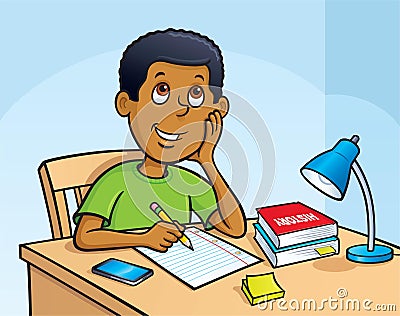 Kid Working On A Homework Assignment Cartoon Illustration