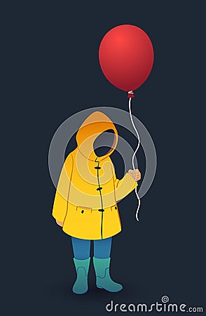 Kid in yellow raincoat and rubber boots holds red balloon. Vector illustration on dark background. IT horror concept. Vector Illustration