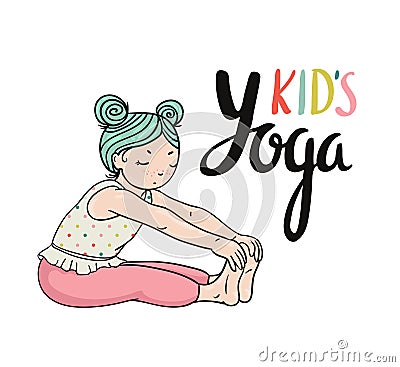 Kid yoga logo. Gymnastics for children. Healthy lifestyle poster. Vector Illustration