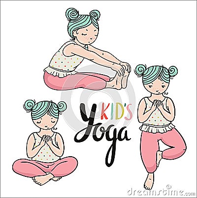 Kid yoga logo. Gymnastics for children. Healthy lifestyle poster. Vector illustration. Cartoon Illustration