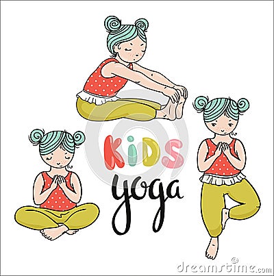 Kid yoga logo. Gymnastics for children. Healthy lifestyle poster. Vector illustration. Three girls in yoga poses. Vector Illustration