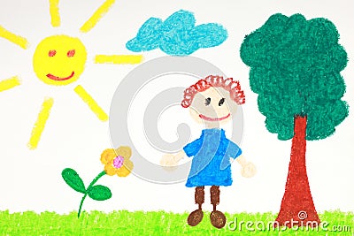 Kiddie style drawing of a flower, tree and child Stock Photo