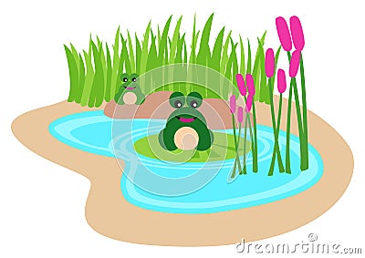 Kiddies cartoon illustration of frogs in the pond Vector Illustration