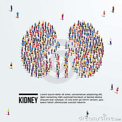 Kidney concept. Large group of people form to kidneys. Cartoon Illustration