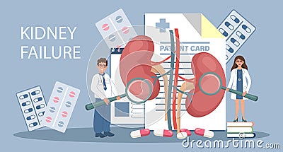 Kidney failure for landing page. Pyelonephritis, diseases and kidney stones, cystitis. Doctors treat kidneys. Template, banner Vector Illustration