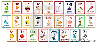 Kids ABC cards. Letter study set, english alphabet with food, animals and fairy tale characters cartoon illustrations Vector Illustration