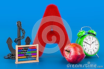Kids ABC, fluffy letter A with apple, alarm clock, abacus, accordion, anchor. 3D rendering Stock Photo