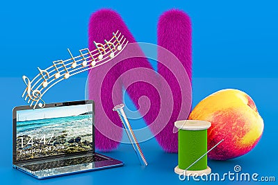 Kids ABC, fluffy letter N with nails, notebook, notes, needle, nectarine. 3D rendering Stock Photo