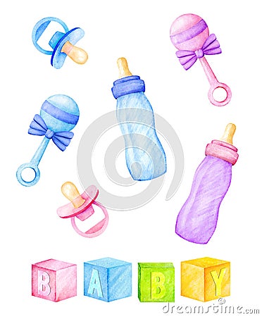 Kids accessories - bottles, nipples, rattles. Watercolor illustration Cartoon Illustration