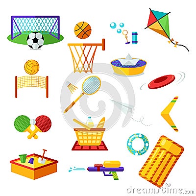 Kids activities. Elements flat collection of summer outdoor recreation and on the beach. Summer holiday activity symbols set. Vector Illustration