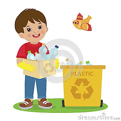 Kids Activities Vector. Ecology Theme Illustration. Boy Gathering Garbage And Plastic Waste For Recycling. Vector Illustration
