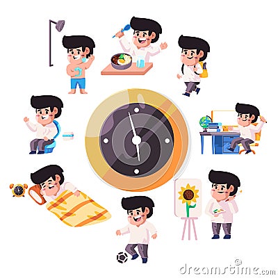 Kids daily activity around the clock from wake up to sleep modern cartoon design illustration Vector Illustration