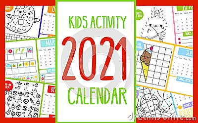 Kids activity calendar. 2021 annual calendar with educational games for kids and toddlers. Printable template Stock Photo