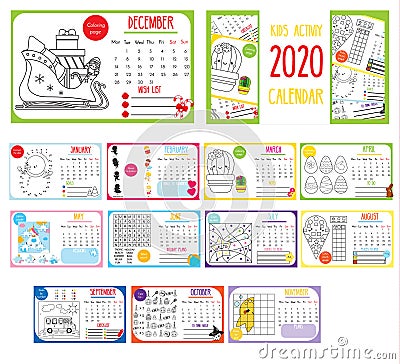 Kids activity calendar. 2020 annual calendar with educational games for kids and toddlers. Printable template Vector Illustration