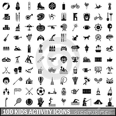 100 kids activity icons set, simple style Vector Illustration