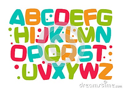 Kids alphabet, colorful cartoon font, kid letters set, play room funny design element, kids zone vector illustration. Vector Illustration