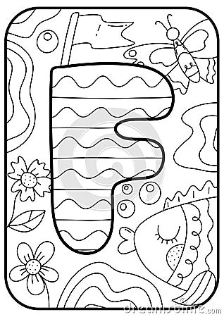 Kids alphabet coloring page ABC - letter F. Coloring book page for children in doodle style. Hand drawn alphabet letter. Stock Photo