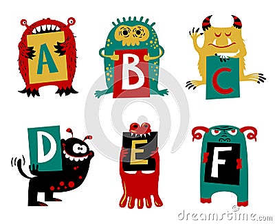 Kids alphabet with cute colorful monsters or insects. Funny fi Vector Illustration