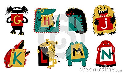 Kids alphabet with cute colorful monsters or insects. Funny fi Vector Illustration