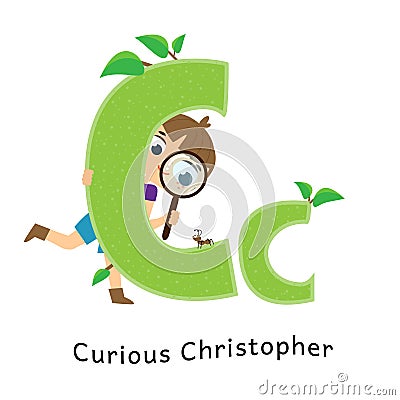Kids alphabet. English letters with cartoon children characters. C for Curious Christopher boy with magnifying glass Vector Illustration