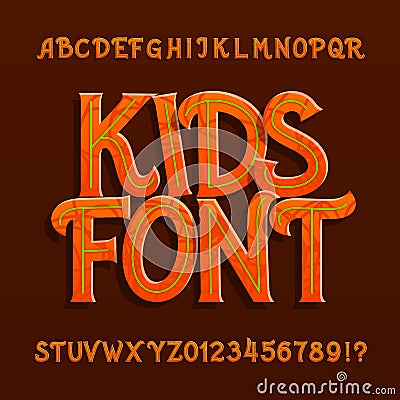 Kids alphabet font. Uppercase hand drawn letters and numbers. Vector Illustration