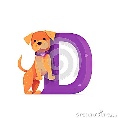 Kids alphabet with pretty dog. Cute cartoon animal, standing near purple letter D on white background. Children abc Stock Photo