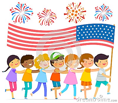 Kids with the American flag Vector Illustration