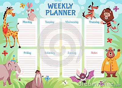 Kids animals weekly planner. School student schedule with wild fauna, children to do list with rabbit elephant and lion Vector Illustration