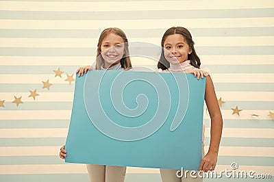 Kids announcement concept. Amazing surprising news. Girl hold announcement banner. Girls kids holding paper banner for Stock Photo