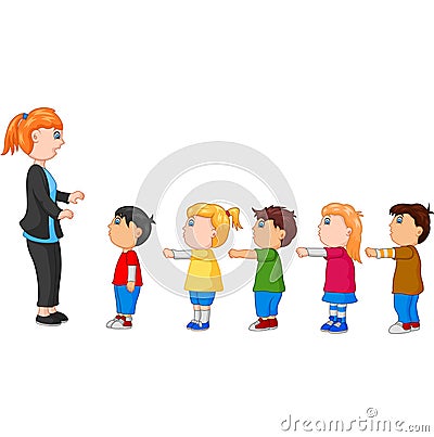 Kids with Arms Up Standing in Line In Front of the Teacher Vector Illustration