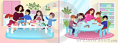 Kids in art class, children painting and sculpting in kindergarten, vector illustration Vector Illustration