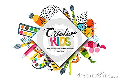 Kids art craft, education, creativity class. Vector banner, poster with white square paper background and lettering Vector Illustration