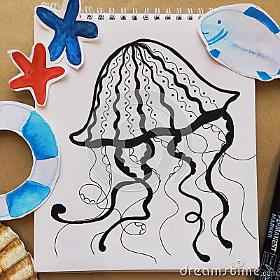 Kids art craft, how to paint sea jellyfish, sketch workshop, how to drawing by hand. Flat lay top view. Paint picture Stock Photo