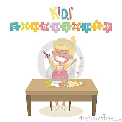 Kids Art-working process. Kids creativity illustration. Girl keeps scissors in hands. Vector Illustration