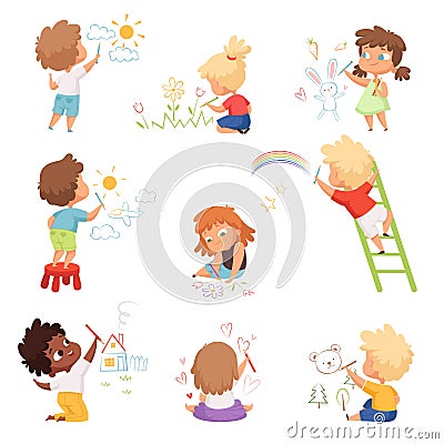 Kids artists. Childrens playing and drawing painting with colored crayons on paper vector funny cute characters Vector Illustration