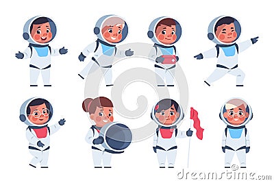 Kids astronauts. Cute cartoon children characters in costumes of cosmonauts. Teens playing galaxy games, wear cosmic Vector Illustration