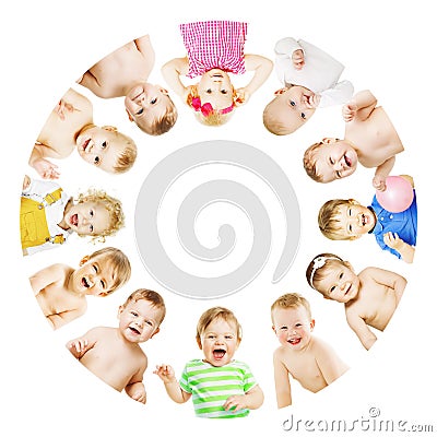 Kids and Babies Group Circle, Children over White Stock Photo