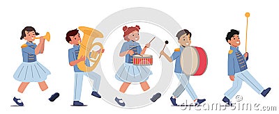 Kids Band In Blue Uniform Marching on Parade. Happy Girls or Boys Play Festival Music With Drum, Brass Horn And Tuba Vector Illustration